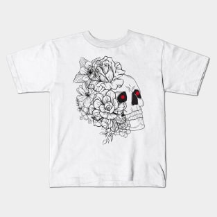 skeleton face drawn in black lines with various flowers and roses on one side Kids T-Shirt